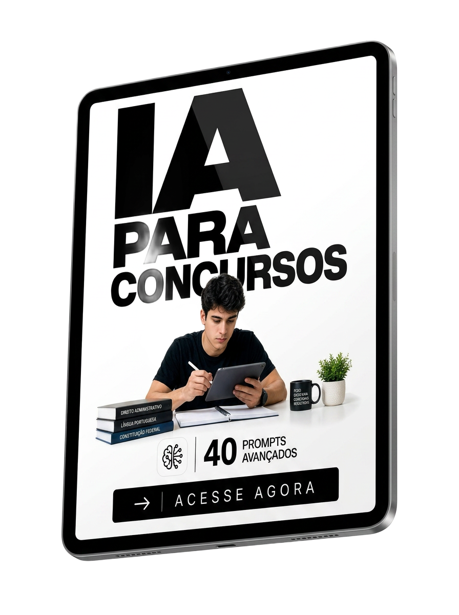 iPad exibindo material de IA para Concursos — 40 prompts avançados